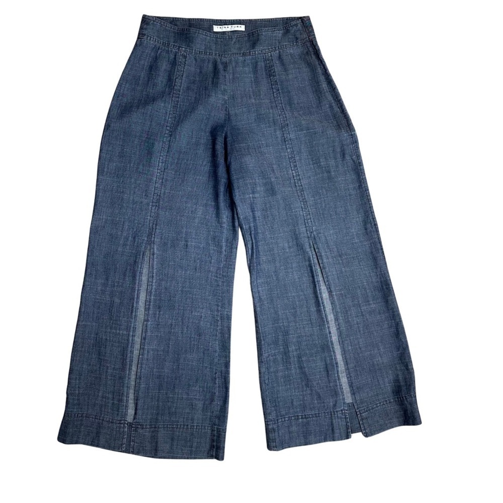 Trina Turk Front Slit Wide Leg Pants Chambray SZ 0  Linen Blend Coastal Beachy